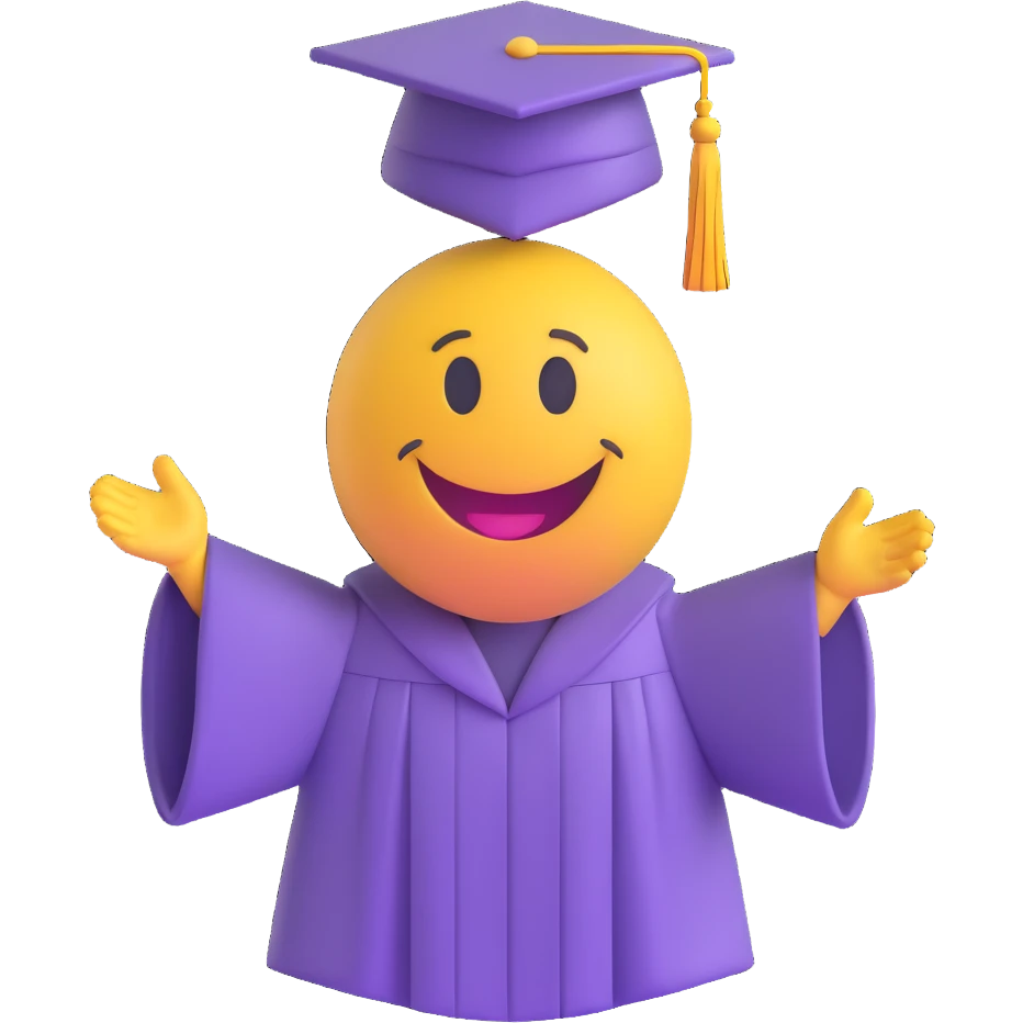 3D smiley emoji, round shape, student in graduation gown at diploma ceremony, purple color, happy face emoji