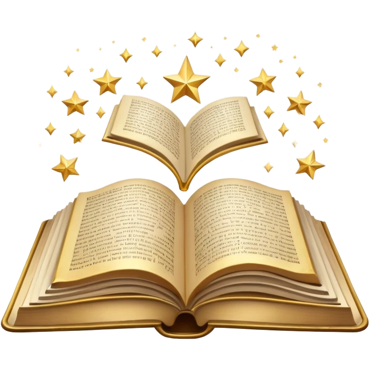 Open book with floating words and sparkles above it emoji