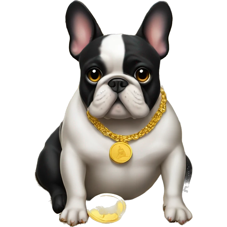Black-and-tan French bulldog laying on big pile of gold coins emoji