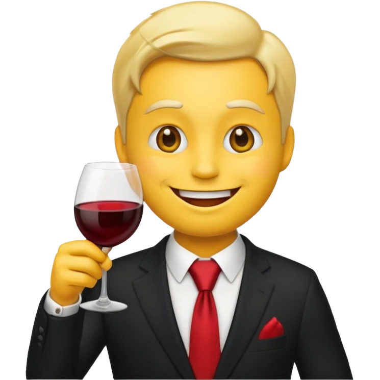 Yellow emoji with black suit and red tie, drinking wine, freaky smiling face, handsome emoji
