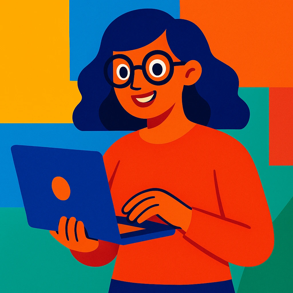 a woman with spectacles holding a laptop, vibrant colorful style emoji