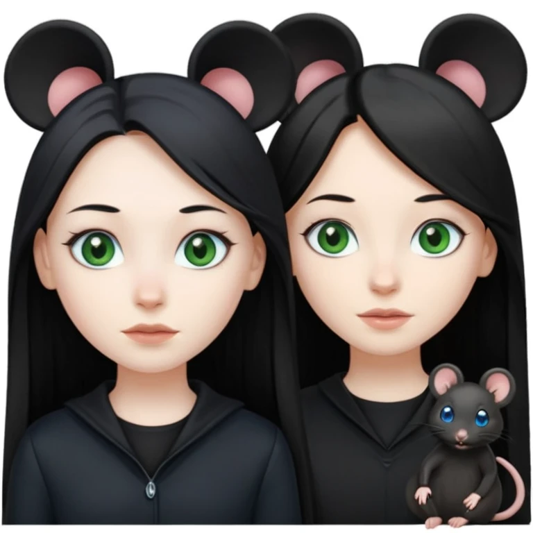 Two girls one with long black hair, blue eyes very pale skin wearing black clothes the other one with long mousey brown hair, green eyes and pale skin emoji