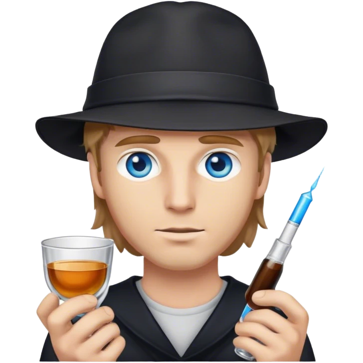 white man light brown hair blue eyes wearing black holding shot hat on head emoji