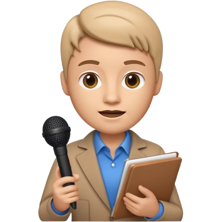 Apple Memoji-style 3D emoji of a journalist holding a microphone and notepad, smooth gradients, rounded shapes, no background. emoji