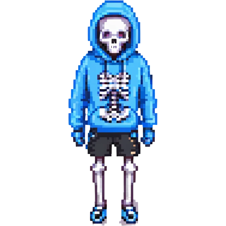 Sans from Undertale, pixel art style, blue hoodie, black shorts, white skeleton emoji