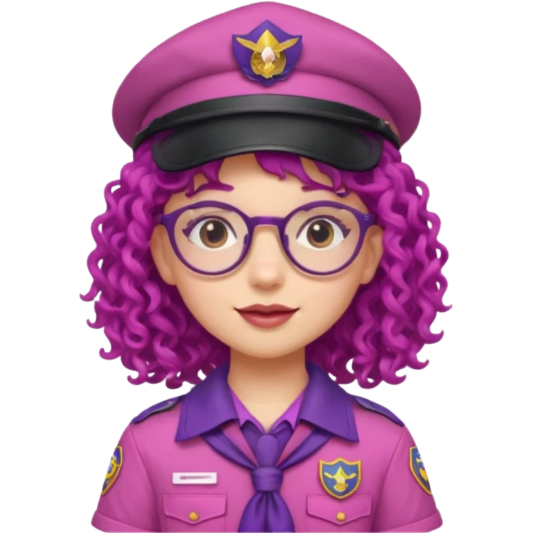 scout girl with very pink scout uniform including hat, purple curly haired and glassess emoji