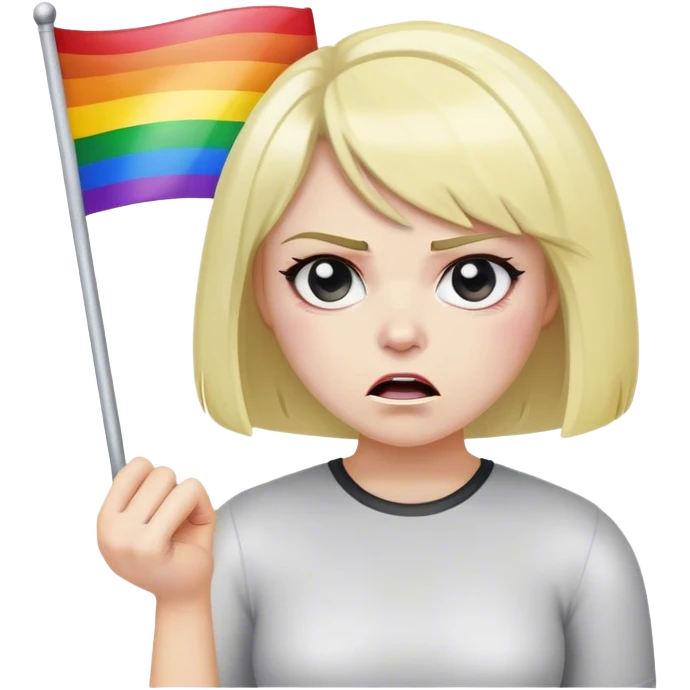 White lady with a bob hairstyle holding a rainbow flag while looking angry on the face emoji