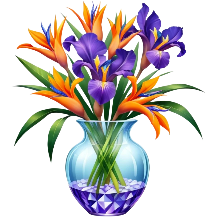 Lots of iris flowers mixed with strelitzia flowers in crystal vase emoji