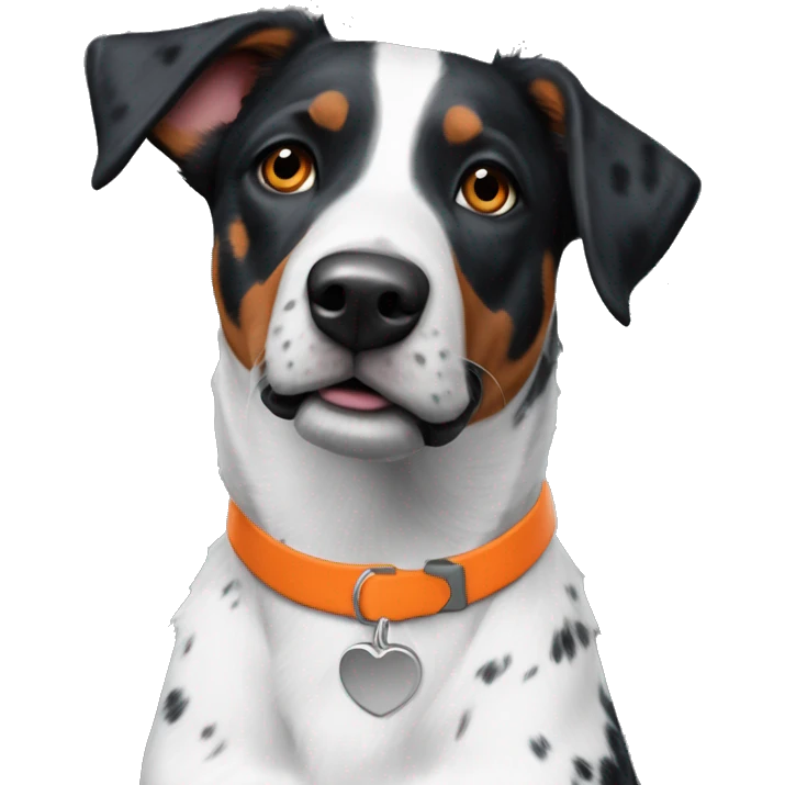 Black and white Blue heeler pointer mix floppy ears orange collar emoji