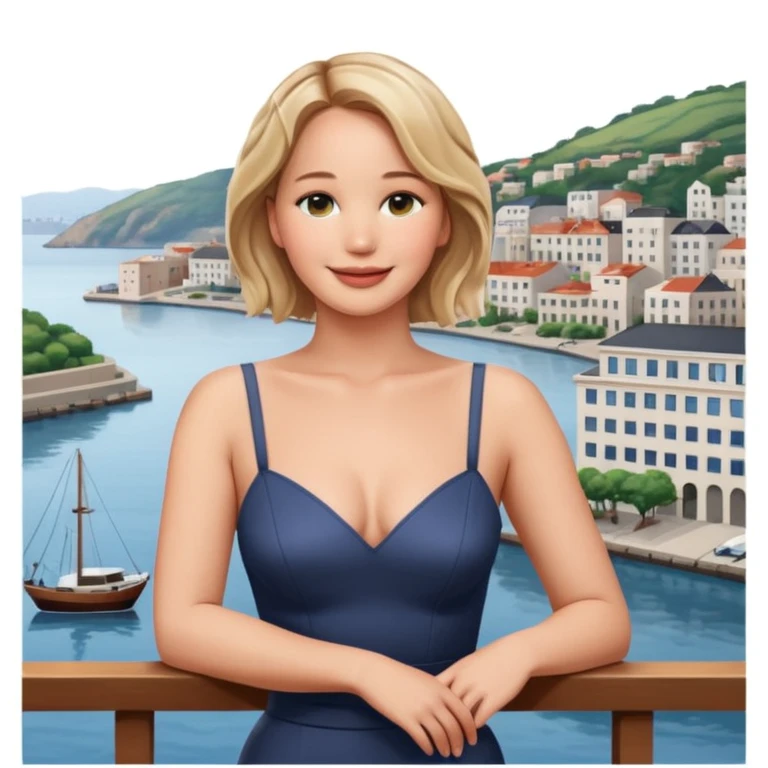 jennifer lawrence, closeup portrait , leaning on a balcony with a harbor and cityscape in the background, smiling emoji