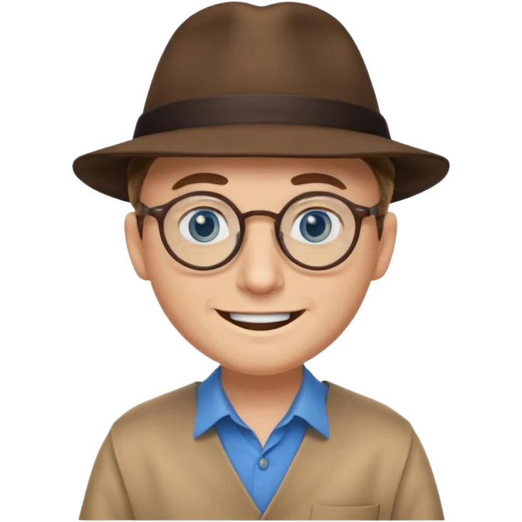 A man with sharp and thin face, brown round glasses, a brown hat and a brown costume with beige shirt (shoulders only), with blue eyes and a large smile on his face and menacing eyes. emoji
