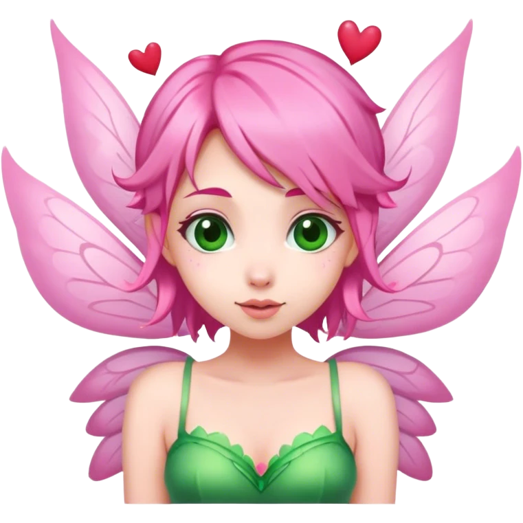 pink hair, pink wing fairy in green dress hearts emoji