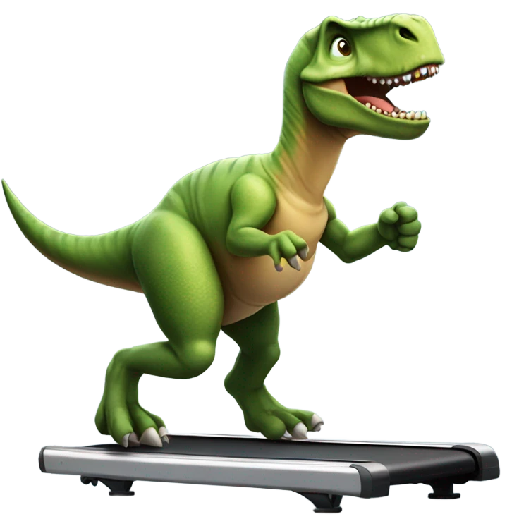 dinosaur runs on a treadmill and shows a thumbs up emoji