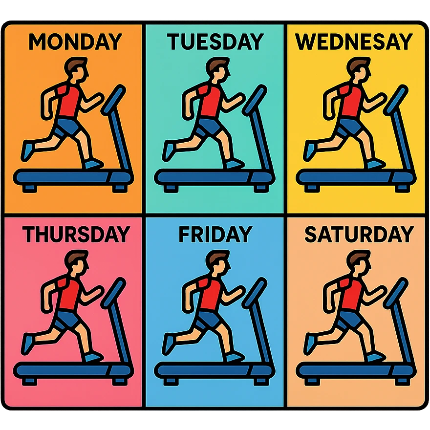 A picture is into seven parts showing a sportsman runnig on the treadmill. In each little picture there is a name of the days of the week, from monday to sunday emoji