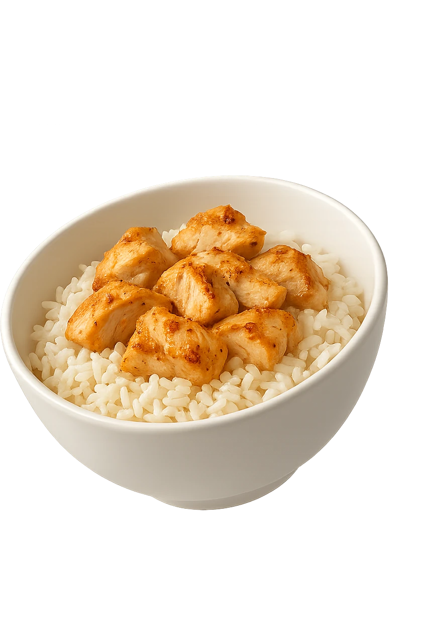 bowl bianca che fluttua in aria con riso e pollo emoji