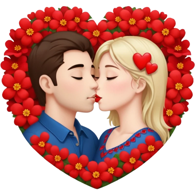 Hyper Realistic Couple kissing surrounded by red hearts and flowers emoji