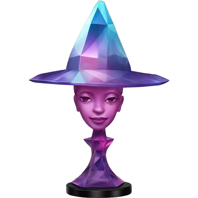 Glass sculpture Mage hat with a geometric, faceted design. The hat is standing upright on a base with angular and baroque features. The vibrant midtone tints of pastels and pink highlights the sharp edges and planes.  emoji
