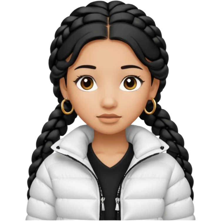 generate a pretty bratz girl with a WHITE puffer jacket, hoops, long braided hair black emoji