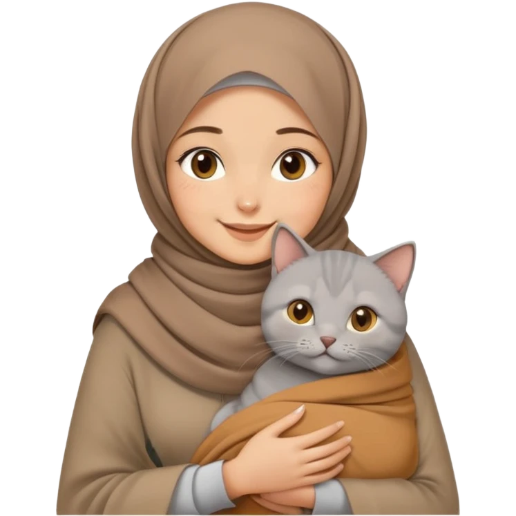 A hijabi teenage girl wean a brown pashmina holding a brithis short hair in her arms while smiling emoji
