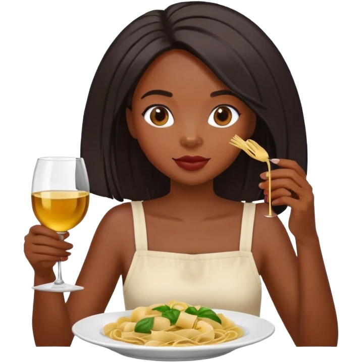 Black girl with straight hair and a glass of wine and eating pasta emoji