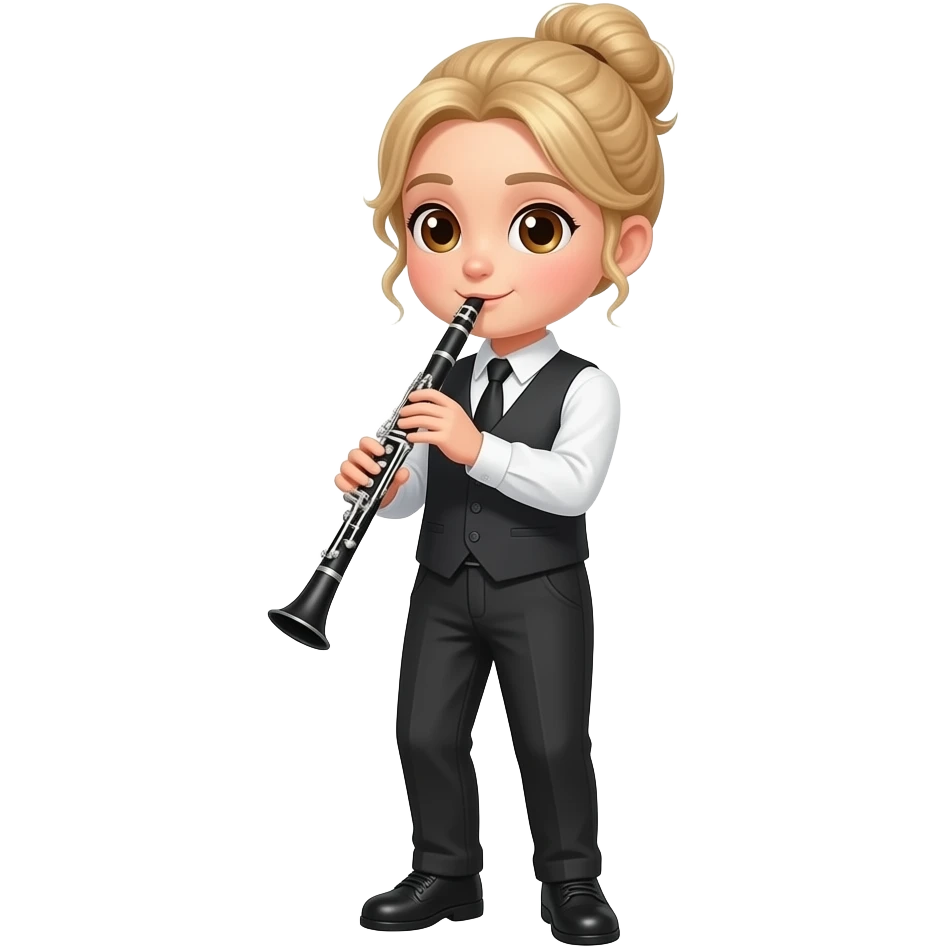 Fille blonde  avec yeux marrons et cheveux plaqués en chignon joue clarinette emoji