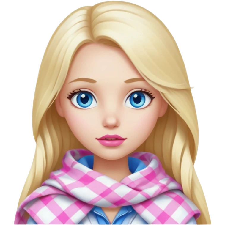 A beautiful blonde girl with long hair, blue eyes, pink lips is wrapped in a white plaid with her head emoji