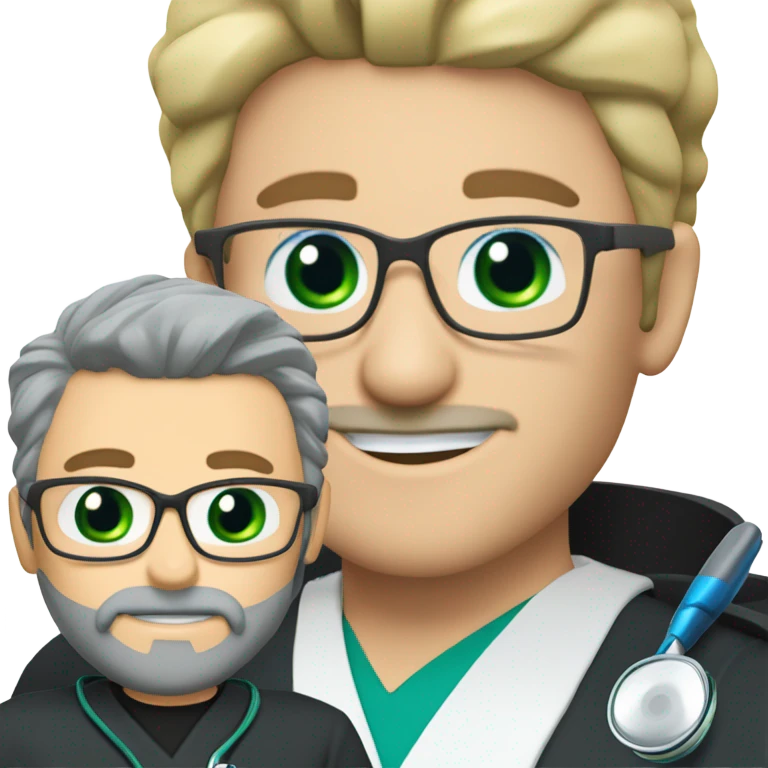 male blond doctor with grey beard with blue-green eyes and wire glasses in black scrubs holding a paintbrush emoji