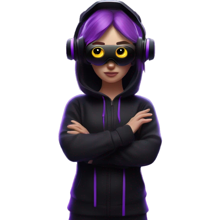 Russian girl wearing black hoody with violet letters "OMG", in vr headset oculus quest2. Standing like jedi. Cyberpunk style. Violet neon. emoji