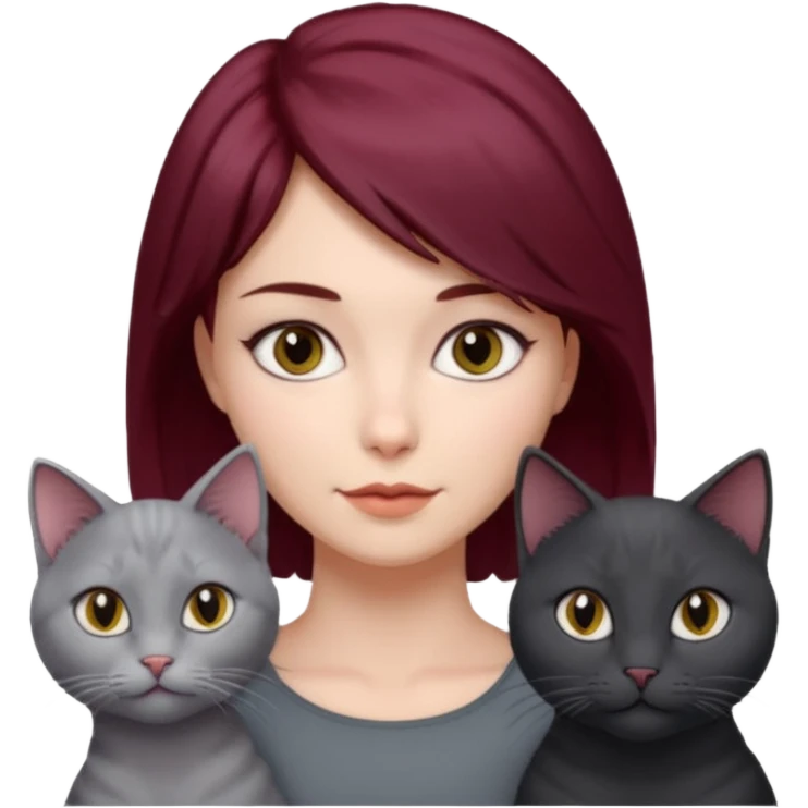 femme au cheveux court bordeau, yeux gris,  avec chat poils longs gris clair et chat poils ras noirs emoji