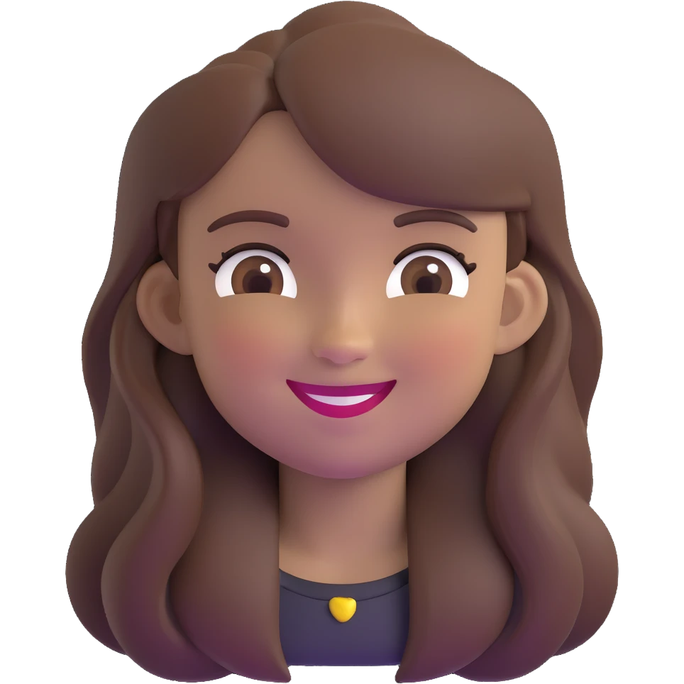 a girl with long brown hair and brown eyes smiling, memoji style, winking emoji