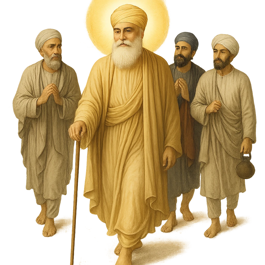 Guru Nanak Dev Ji, walking with followers, gentle smile, flowing robes, luminous aura, respectful and inspirational style emoji