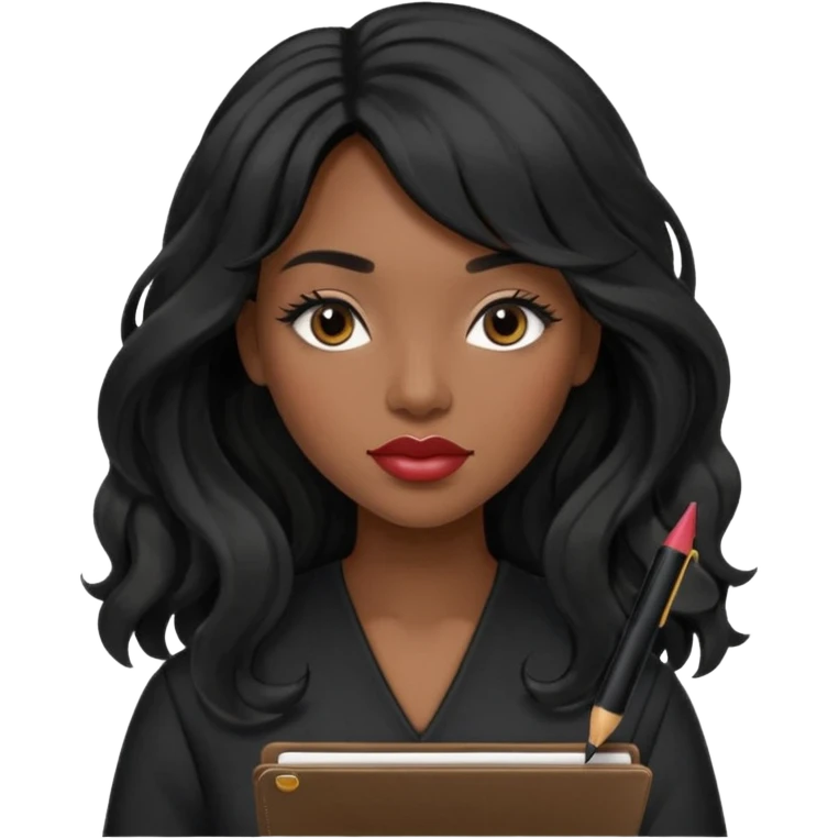 A young woman with long black hair, a wavy frange falling on half of her head.  She's black, medium to dark skinned with thick lips. She's holding something that let's us know she's the CEO of a creative agency, but she's wearing black casual clothes. she has long eyelashes. emoji