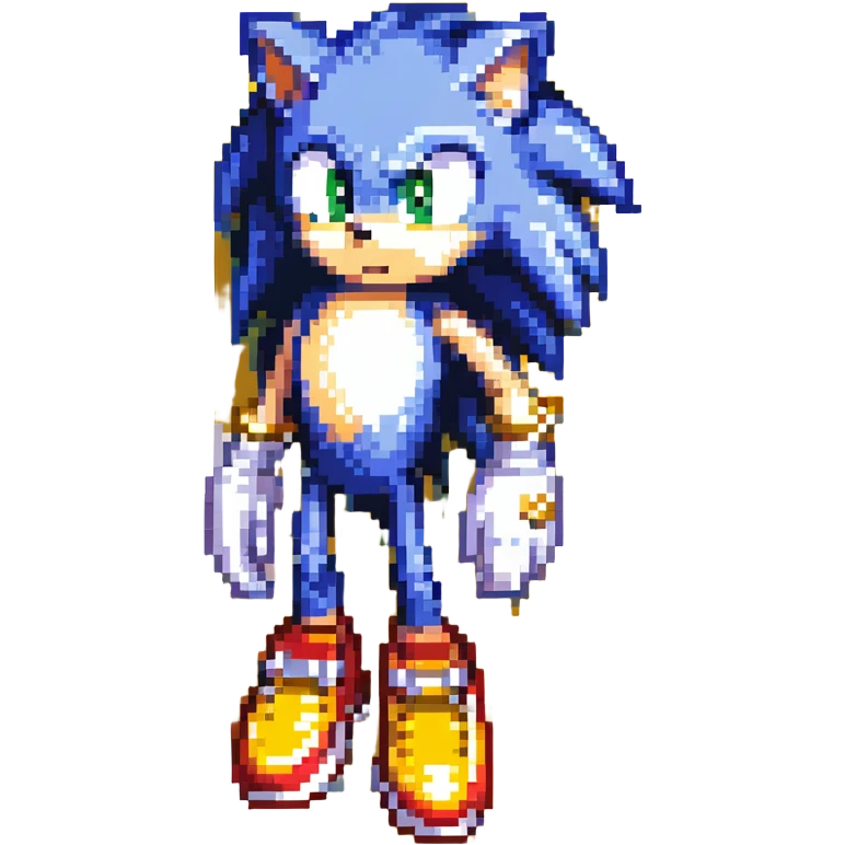 Sonic the Hedgehog on a hill in Green Hill Zone, blue fur, red shoes with white stripe and gold buckle, white gloves, green eyes, palm trees, checkerboard ground, golden rings floating emoji