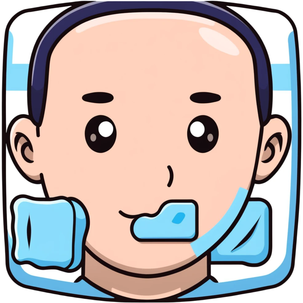 Face with one swollen cheek with square ice pack applied to it emoji