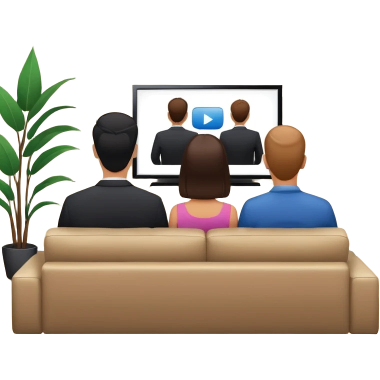 A man and a women photographed from behind, sitting on a sofa and watching the news on TV on a modern flat screen. The setting is a living room. emoji