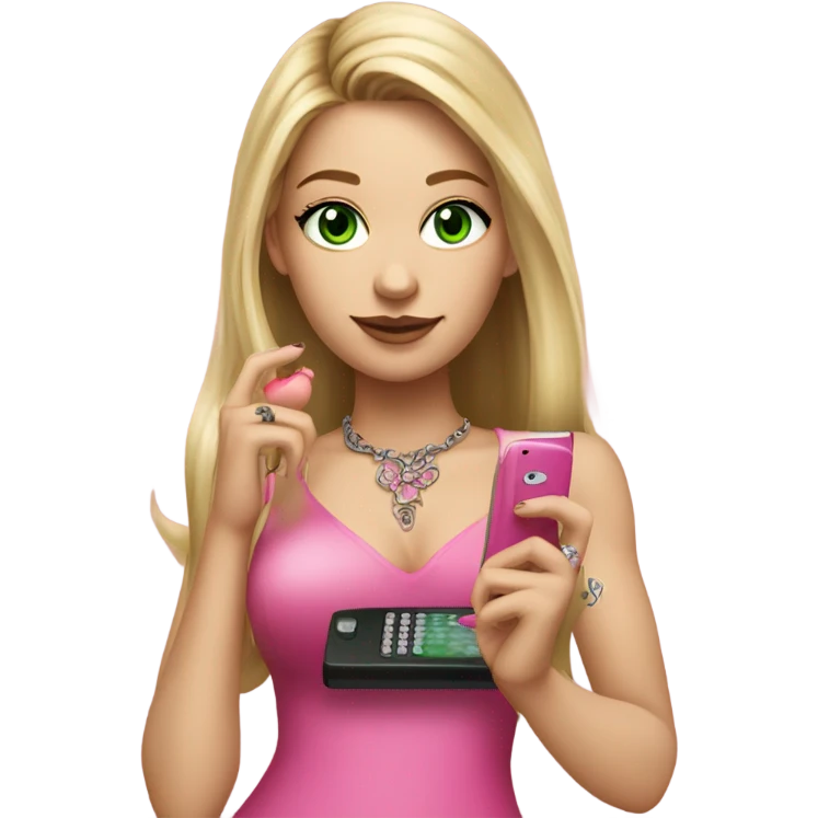 Realistic White girl with Long straight blonde hair, green eyes, tattoos, full body wearing dress and High heels, holding pink phone emoji