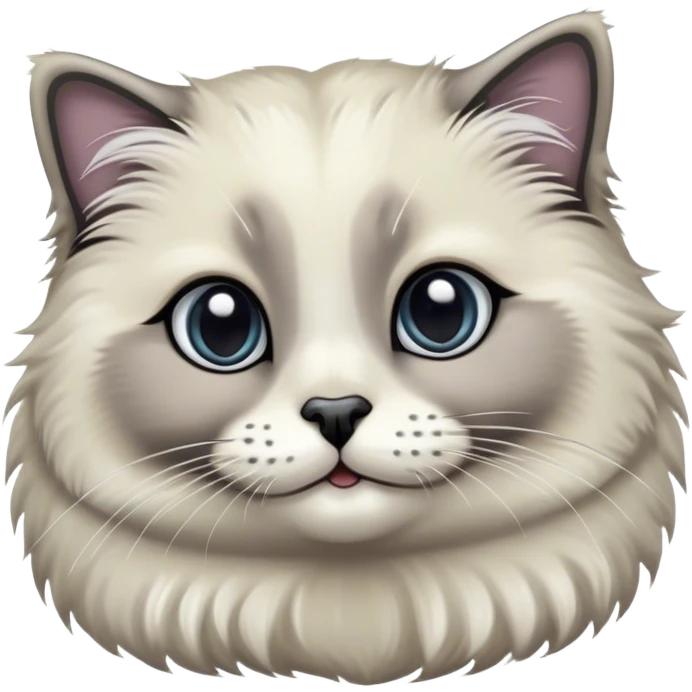 Cinematic Adorable Fluffy Grey Seal Ragdoll Cat Portrait Emoji, Head tilted cutely with big, sparkling eyes, soft grey fur with darker seal points on the ears, face, and paws, Simplified yet irresistibly adorable features, highly detailed, glowing with a soft, warm glow, high shine, affectionate and playful, stylized with a touch of whimsy, bright and endearing, soft glowing outline, capturing the essence of a curious and loving kitten, so cute it feels like it could leap out of the screen and snuggle up for a cuddle! emoji