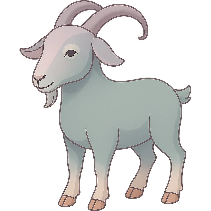 Edit the image to depict a goat as the symbol of the year in Feng Shui, in a Chinese Eastern style. Use thin, clean contours and soft rounded shapes. Apply a pastel palette with colors #98B5BC, #B5B3C1, #C9A3C9, #E4C0CA, #F7DCD1, #F7C0AA. Include detailed shadows and highlights with soft lighting. Keep the silhouette and appearance as in the reference. Make it less cute and without decorative elements. Transparent background. emoji
