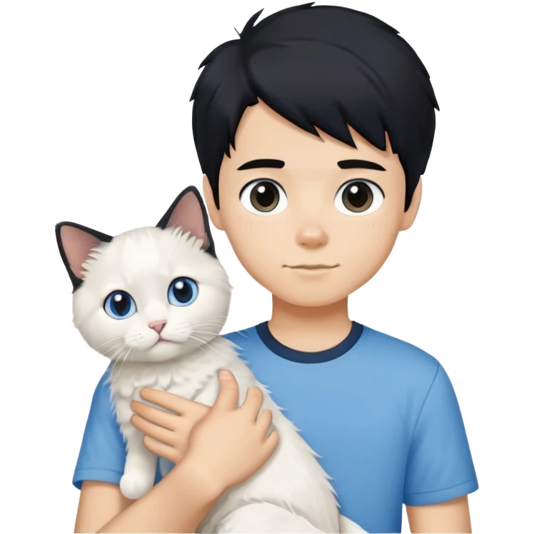 teenage boy with black hair wearing blue short sleeve shirt holding a white ragdoll cat emoji