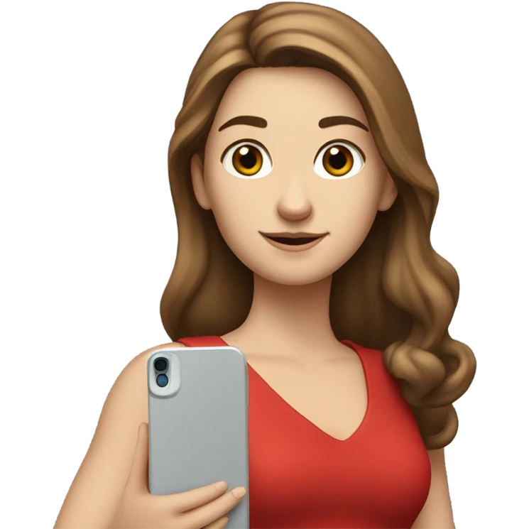a white girl with log brown hair in a red dress holding a cell phone showing it emoji