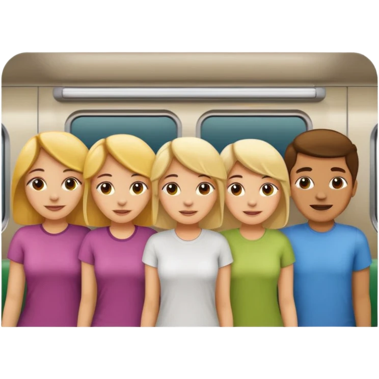 five happy people, mixed genders, friendly and close, inside a subway car similar to Apple emoji subway, wearing t-shirts in various light colors, Apple emoji style emoji
