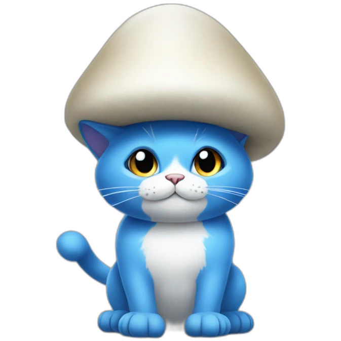 Blue cat standing on its paws wearing a white mushroom hat emoji