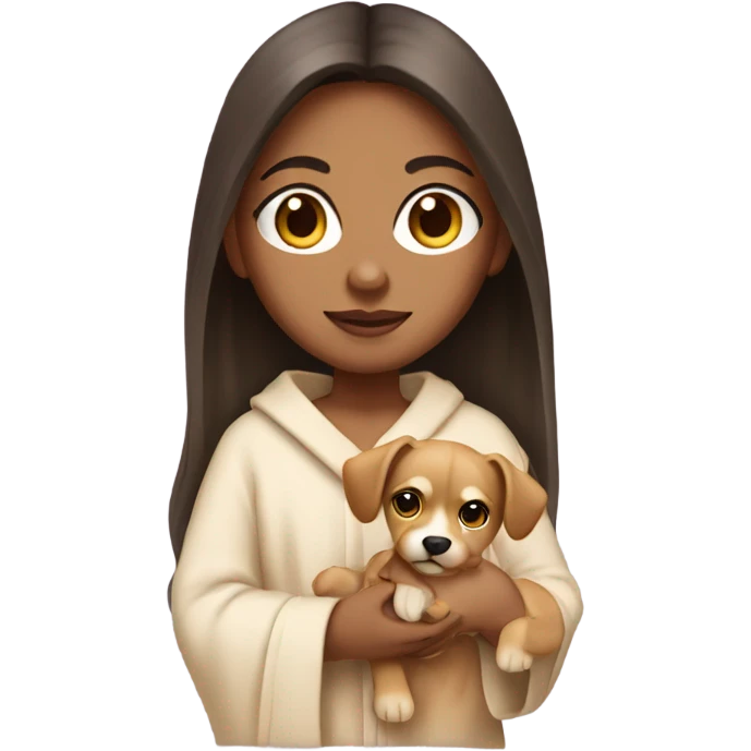 Indian girl with light skin straight hair holding a puppy in a robe emoji