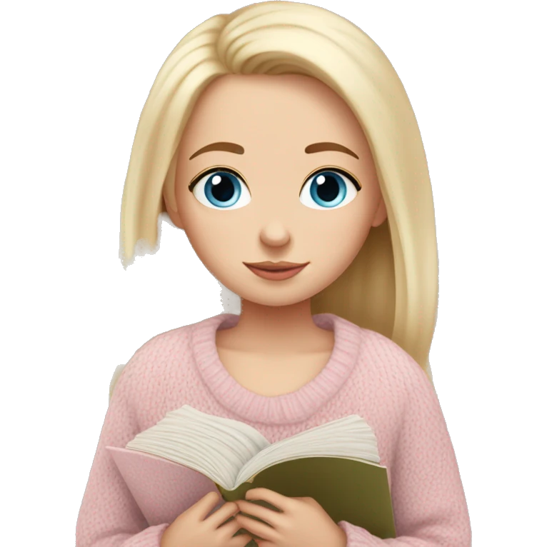 Pretty blue eyed white girl with light pink sweater reading cozy emoji