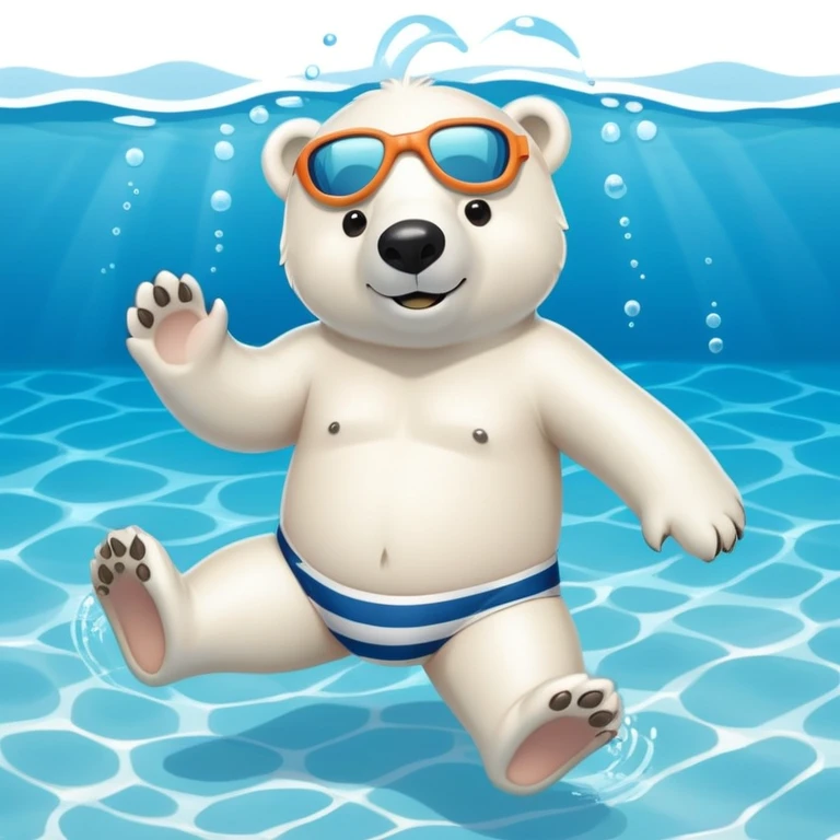 friendly anthropomorphised polar bear swimming in a wide pool scene, wearing striped swim trunks and snorkel gear emoji