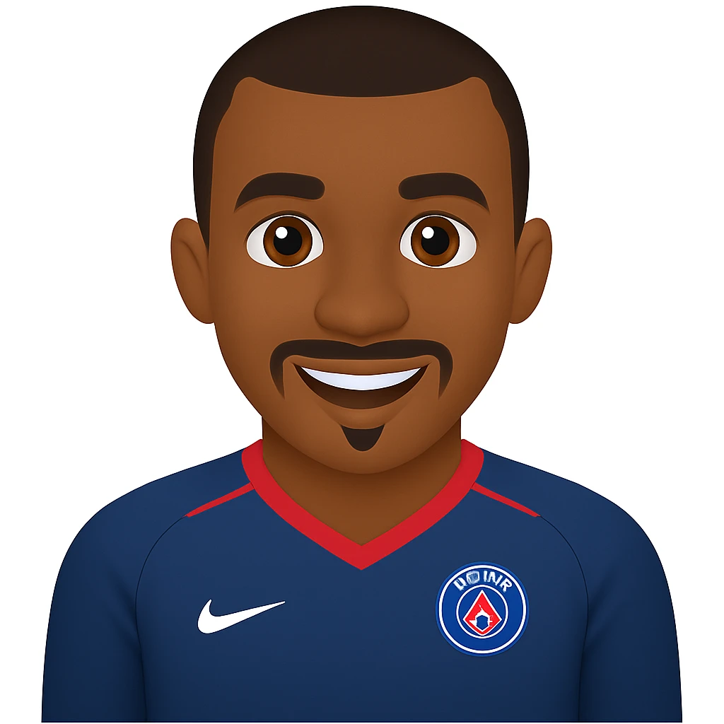 Replace the beard with a simple chin goatee on the PSG footballer Blaise Matuidi emoji, keep the PSG jersey and smiling expression. Maintain the original style and look of the emoji. emoji