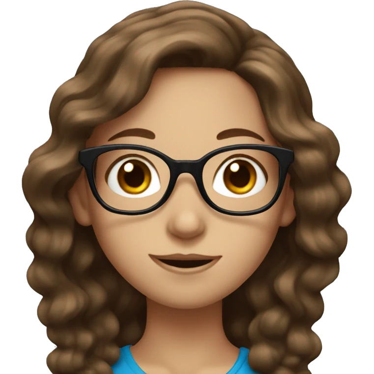Long wavy brown haired girl with blue eyes and black glasses emoji