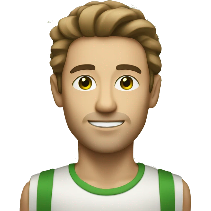 A light-skinned man with green eyes, styled brown hair with a long white paper scroll emoji