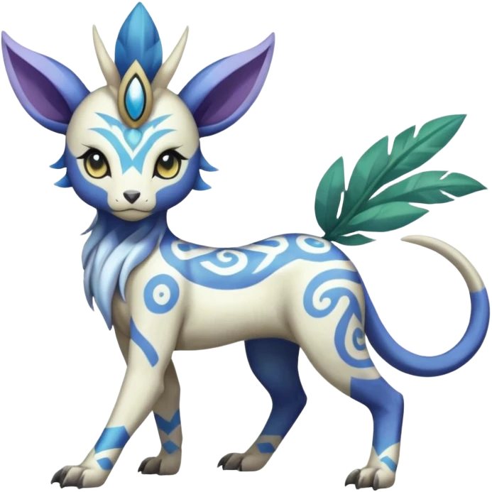 Tropical Tiny Marked Patterned Tribal Colorful Skilled Adept Graceful Asian Painted Garurumon-Meloetta-Absol-Suicune-Cobalion-fusion-hybrid-creature (full body) emoji
