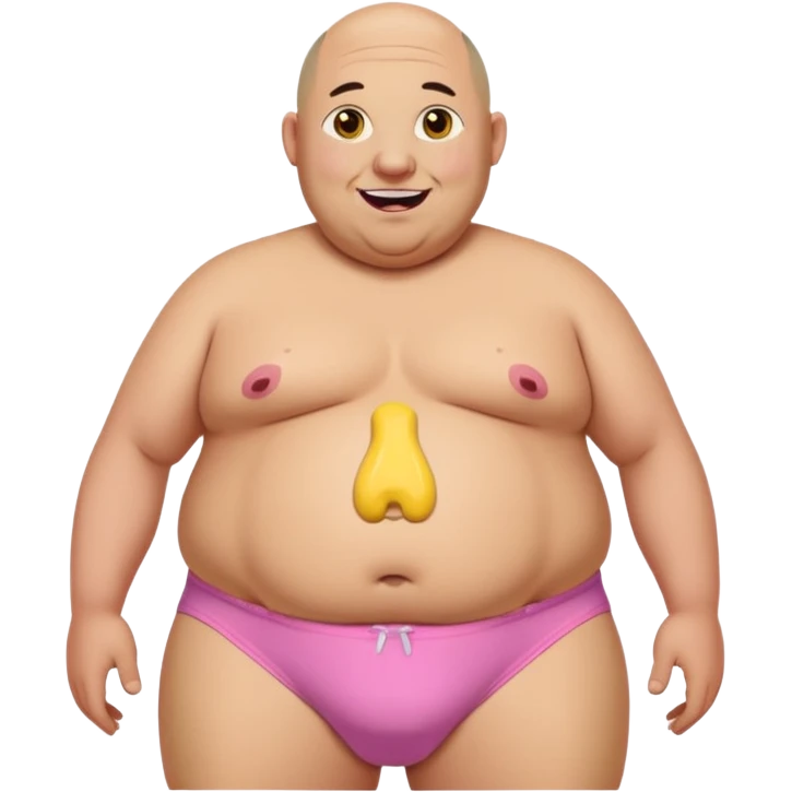 Old really fat and bald. This huge belly and really round pink nipples. has big ears and 2 long beaver like big yellow brown buck teeth. he has white saggy underwear with holes and yellow pee stains in front of underwear.   emoji